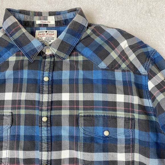 Lucky Brand Classic Fit Western Pearl Snap Shirt Men XXL Indigo Plaid Button Up - Picture 4 of 9